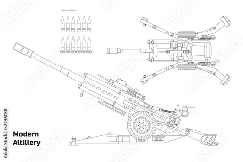 Outline modern artillery. Isolated cannon blueprint. Top, side view of military weapon. Industrial drawing of army gun with ammunition photo