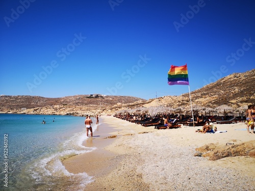 Greece, Cyclades Islands, Mykonos -2020 August 25th - Tropical LGBT beach in Mykonos Island, Elia beach photo