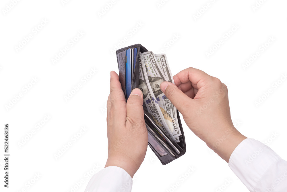 High angle view of man hand taking 100 dollar bills from black leather wallet on transparent background, Png file High angle view of man hand taking 100 dollar bills from black leather wallet on transparent background, Png file
