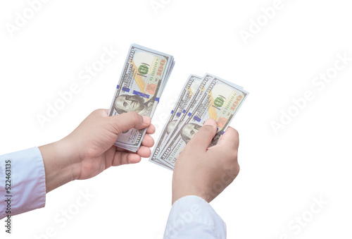 Man hand in white shirt counting dollar banknotes on transparent background, Png file	