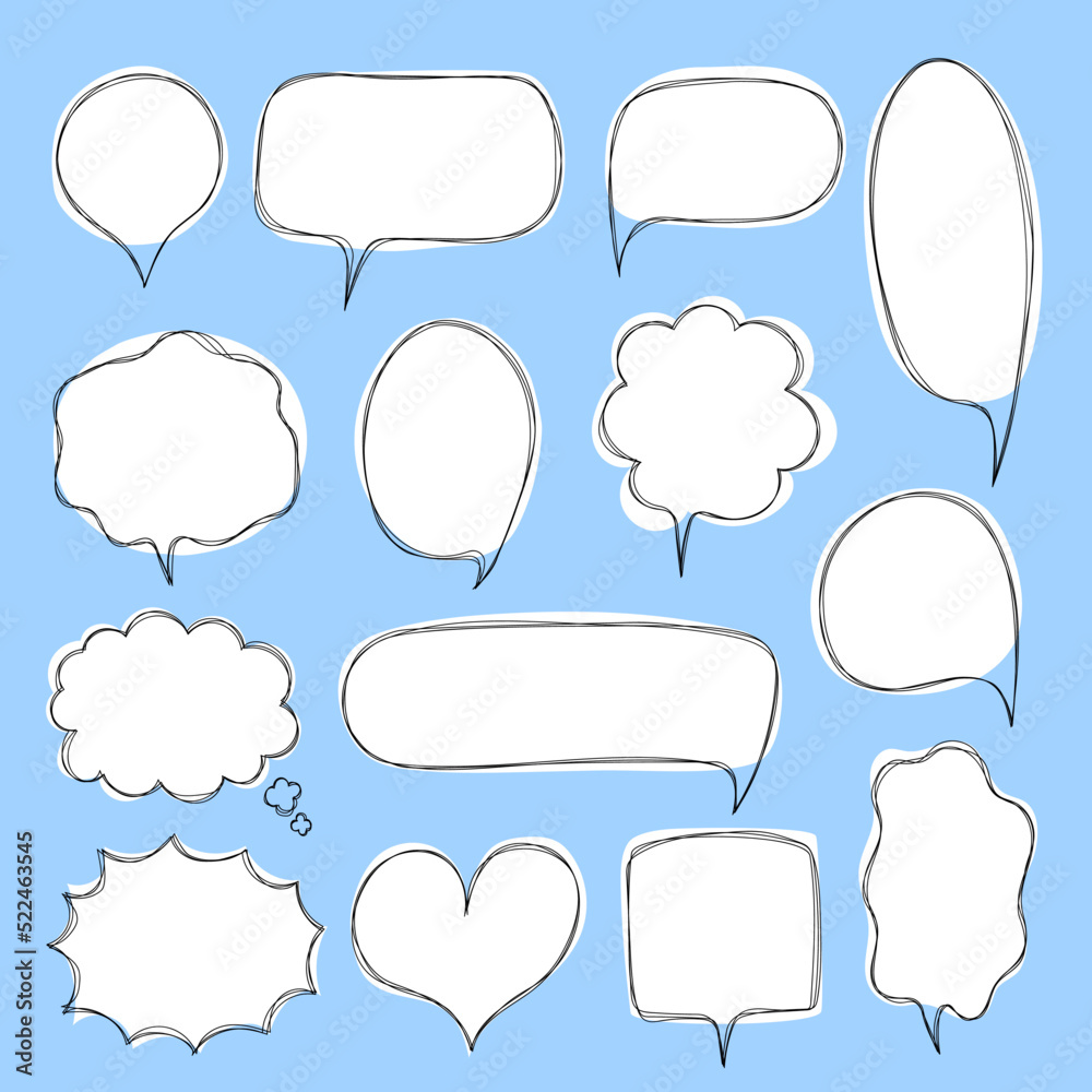 collection set of blank black and white hand drawing speech bubble balloon, think speak talk text box, banner, flat vector illustration design collection set of blank black and white hand drawing speech bubble balloon, think speak talk text box, banner, flat vector illustration design