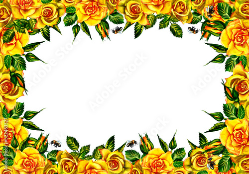 Roses are yellow. Floral frame. Watercolor illustration. For wedding, greeting and invitation cards watercolor design.