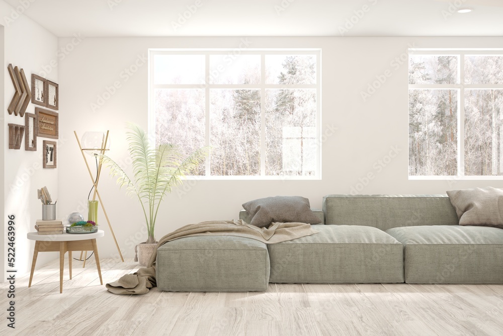 White living room with sofa and winter landscape in window. Scandinavian interior design. 3D illustration