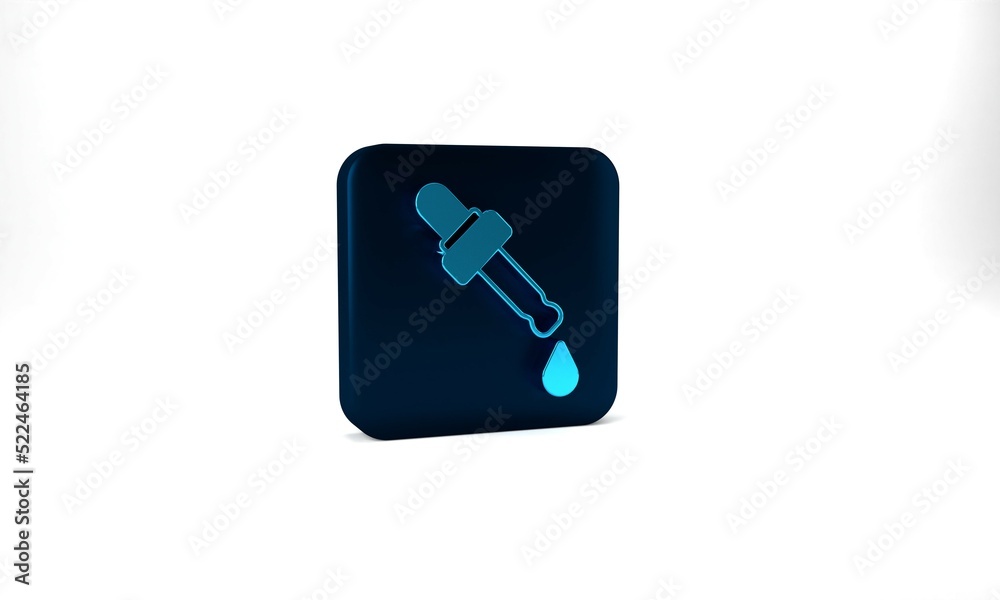 Blue Pipette with oil icon isolated on grey background. Organic aromatherapy essence. Skin care serum glass drop package. Blue square button. 3d illustration 3D render Blue Pipette with oil icon isolated on grey background. Organic aromatherapy essence. Skin care serum glass drop package. Blue square button. 3d illustration 3D render