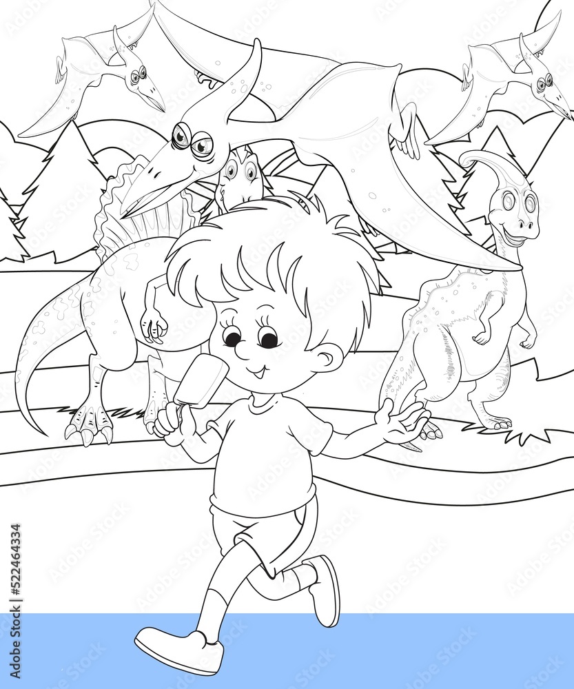 kids color page. Cute cartoon with mountain and Dinosaur coloring pages for boys and girls, kids color page. Cute cartoon with mountain and Dinosaur coloring pages for boys and girls,