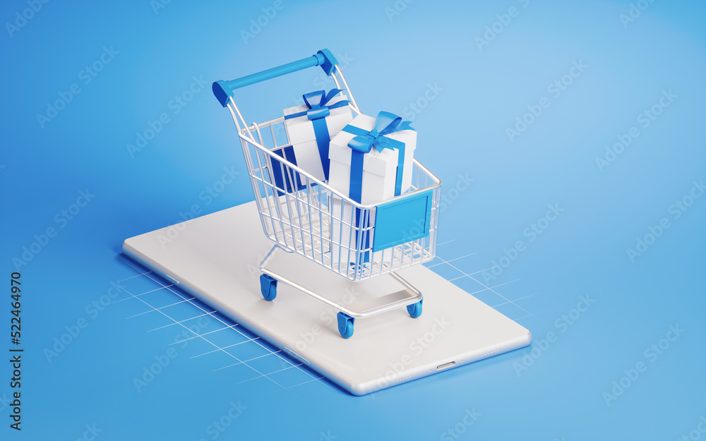 Shopping cart on the mobile phone, 3d rendering.