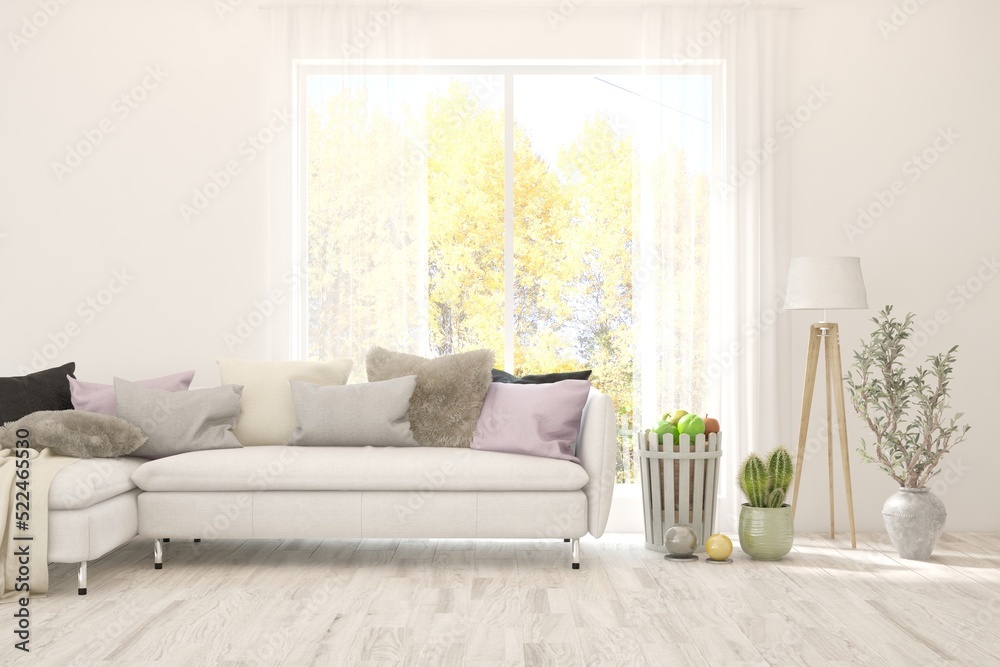 Stylish room in white color with sofa and autumn landscape in window. Scandinavian interior design. 3D illustration Stylish room in white color with sofa and autumn landscape in window. Scandinavian interior design. 3D illustration
