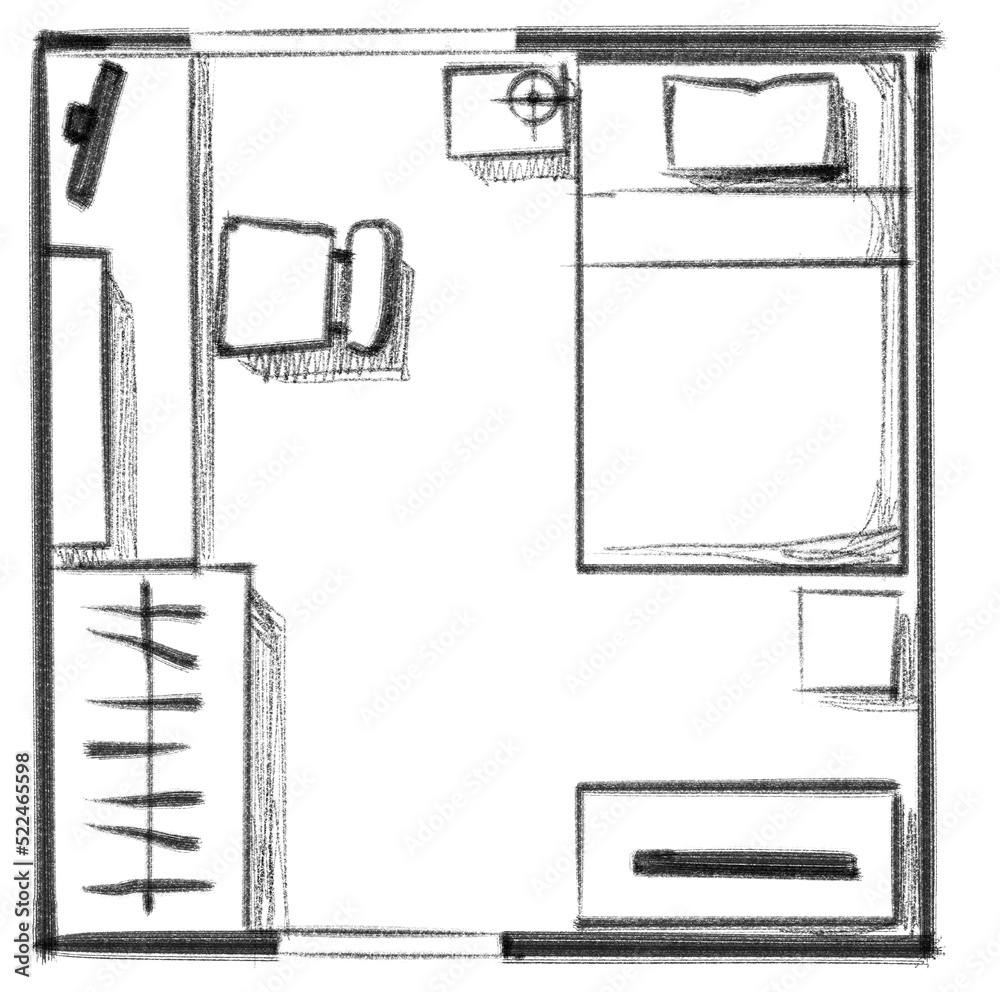 Single bedroom house furniture plan top view hand drawn layout