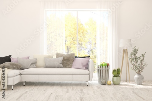 Stylish room in white color with sofa and autumn landscape in window. Scandinavian interior design. 3D illustration