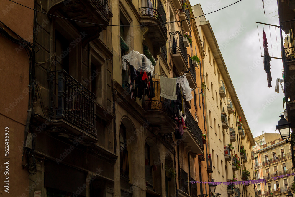 Barcelona street with washing hanging from balcony