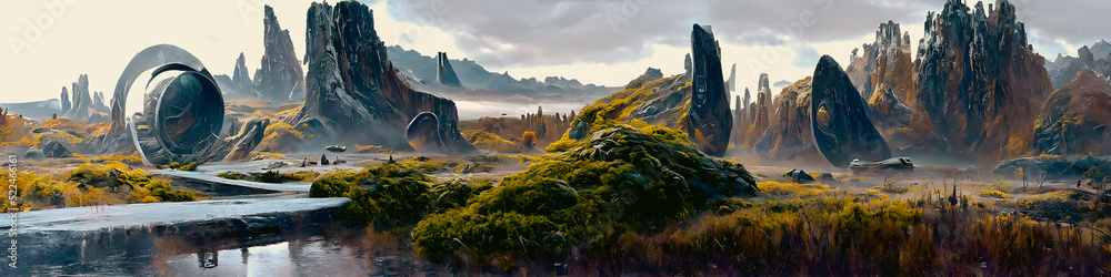 Artistic concept painting of a beautiful sci-fi landscape, with a future thing in the background. Tender and dreamy design, background illustration. - obrazy, fototapety, plakaty 