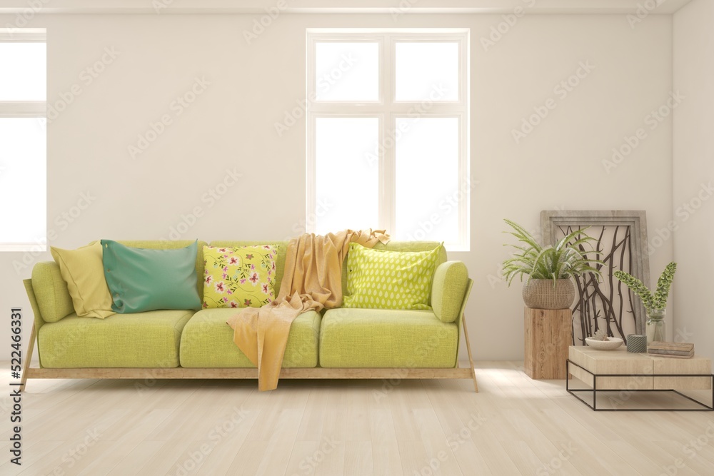 Fototapeta premium White living room with sofa. Scandinavian interior design. 3D illustration
