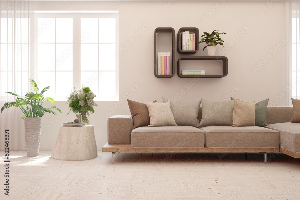 Fototapeta premium White living room with sofa. Scandinavian interior design. 3D illustration