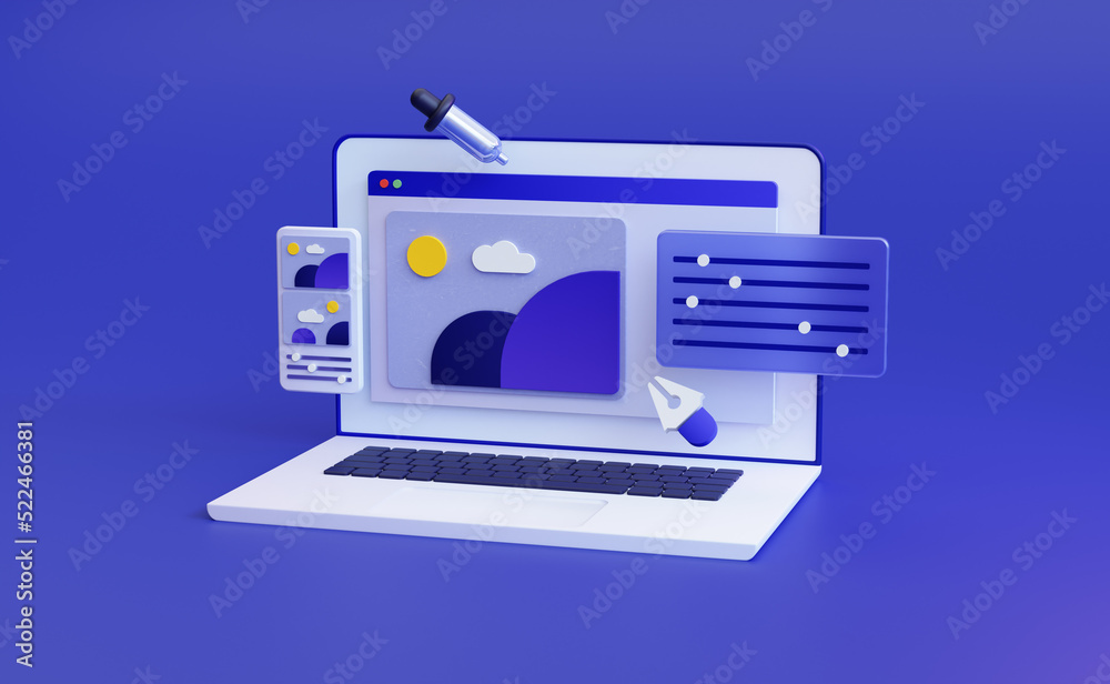 Web design development. Photo editing softwear on a laptop screen with modify Freelance work concept. Creative process. 3d rendering ux ui Web design development. Photo editing softwear on a laptop screen with modify Freelance work concept. Creative process. 3d rendering ux ui