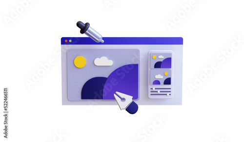 Web design development. Freelance work concept. Creative process. 3d rendering ux ui