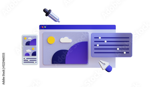 Web design development. Freelance work concept. Creative process. 3d rendering ux ui
