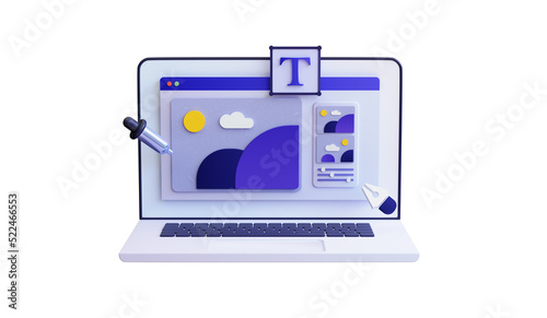 Web design development. Photo editing softwear on a laptop screen with modify Freelance work concept. Creative process. 3d rendering ux ui