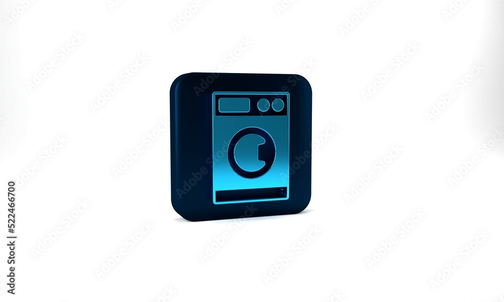 Blue Washer icon isolated on grey background. Washing machine icon. Clothes washer - laundry machine. Home appliance symbol. Blue square button. 3d illustration 3D render Blue Washer icon isolated on grey background. Washing machine icon. Clothes washer - laundry machine. Home appliance symbol. Blue square button. 3d illustration 3D render