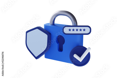 Banner with cyber security 3d render illustration of a shield with padlock. User Account protection on white background © Igor