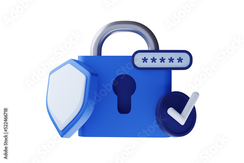 Banner with cyber security 3d render illustration of a shield with padlock. User Account protection on white background