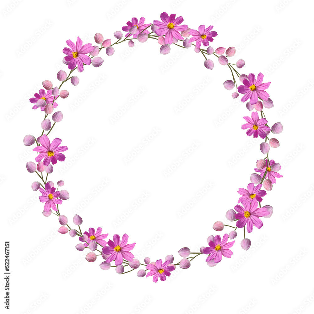 Round wreath of natural purple flowers isolated on white background.