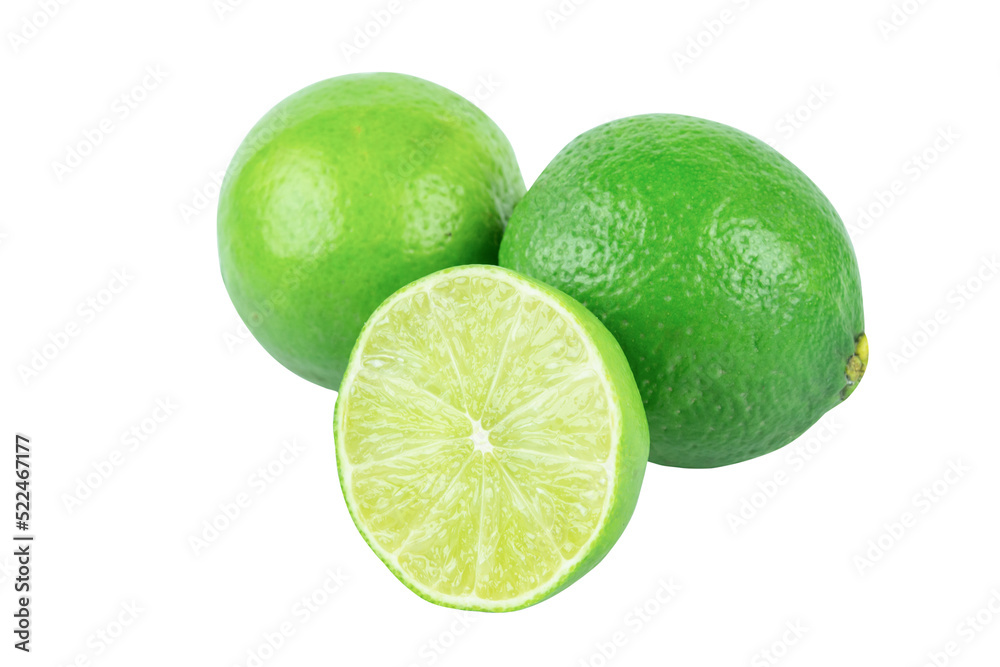 Lime with slices half isolated on white background. Green citrus fruit. with clipping path Lime with slices half isolated on white background. Green citrus fruit. with clipping path