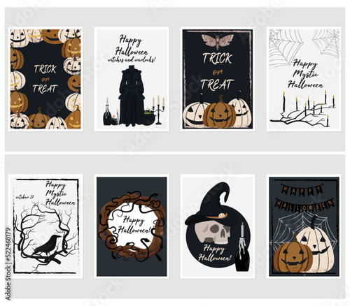 Collection of Happy Halloween cards. Vector Halloween illustrations for party cards, tags, and posters. Pumpkins, which hat, crow, candles, Jack-o-lanterns, and spooky elements.