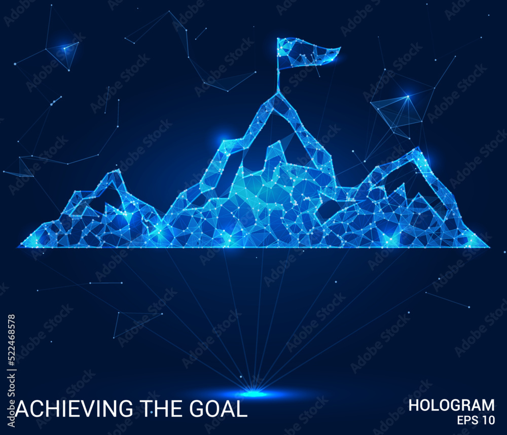 Obraz premium Hologram achievement of the goal. A mountain with a flag of polygons, triangles of points and lines. Achieving the goal of a low-poly compound structure. Technology concept.