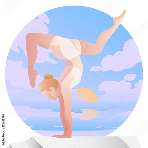 Young woman standing in yoga and meditation posture. The girl performs aerobics exercises and morning meditation at mountain and sky background. Vector illustration