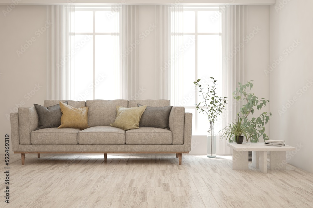 Fototapeta premium White living room with sofa. Scandinavian interior design. 3D illustration