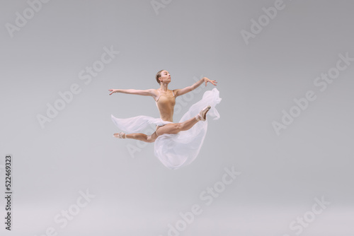 Portrait of young ballerina dancing with light transparent fabric isolated over grey studio background. Flying like a bird. Freedom © Lustre Art Group 