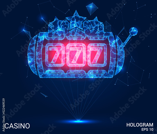A casino hologram. A casino slot machine made of polygons, triangles of dots and lines. The slot machine from the casino has a low-poly connection structure. Technology concept.