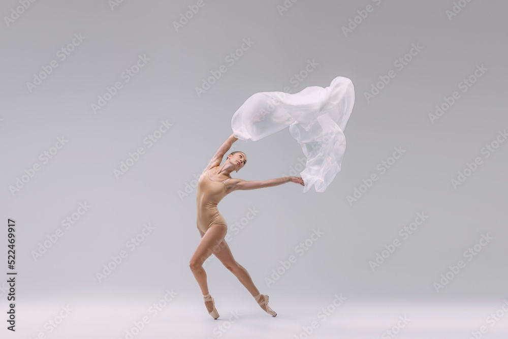 Portrait of young ballerina dancing in beige bodysuit with transparent fabric isolated over grey studio background. Tiptoe movements - obrazy, fototapety, plakaty 
