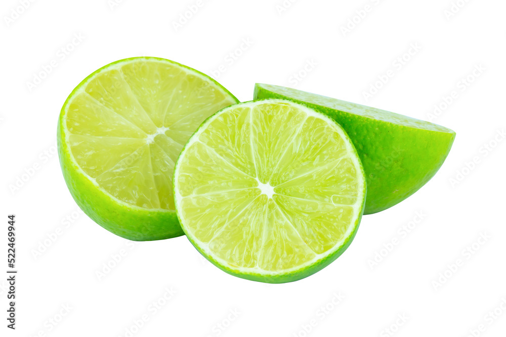 Lime with slices half isolated on white background. Green citrus fruit. with clipping path Lime with slices half isolated on white background. Green citrus fruit. with clipping path