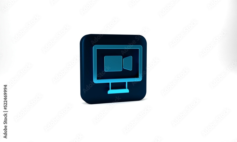 Blue Video chat conference icon isolated on grey background. Online meeting work form home. Remote project management. Blue square button. 3d illustration 3D render Blue Video chat conference icon isolated on grey background. Online meeting work form home. Remote project management. Blue square button. 3d illustration 3D render