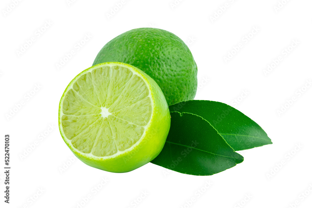Lime with slices half and leaves isolated on white background. Green citrus fruit. with clipping path Lime with slices half and leaves isolated on white background. Green citrus fruit. with clipping path