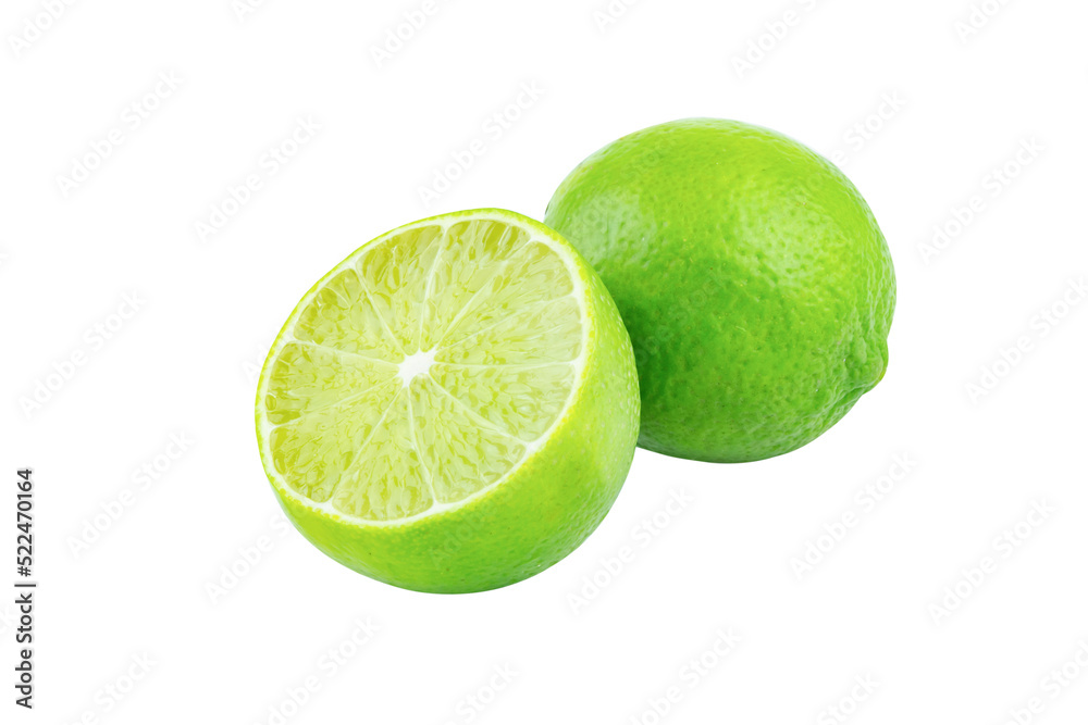 Lime with slices half isolated on white background. Green citrus fruit. with clipping path Lime with slices half isolated on white background. Green citrus fruit. with clipping path