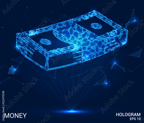 The hologram is money. A stack of money made of polygons, triangles of dots and lines. A stack of money is a low-poly compound structure. Technology concept.