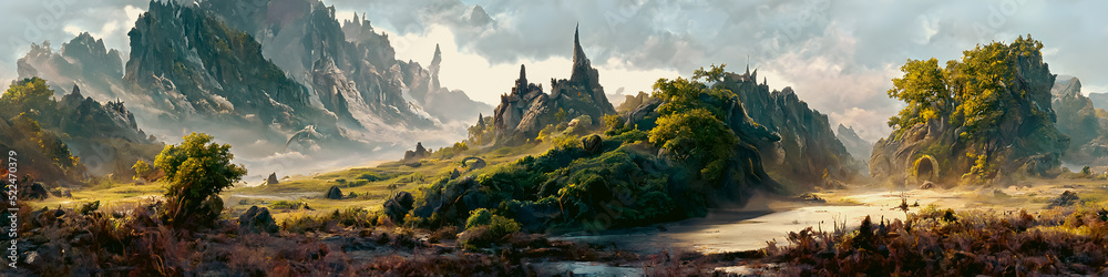Naklejka premium Artistic concept painting of a beautiful sci-fi landscape, with a future thing in the background. Tender and dreamy design, background illustration.