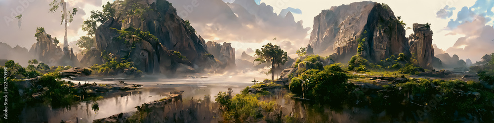 Artistic concept painting of a beautiful sci-fi landscape, with a future thing in the background. Tender and dreamy design, background illustration. - obrazy, fototapety, plakaty 