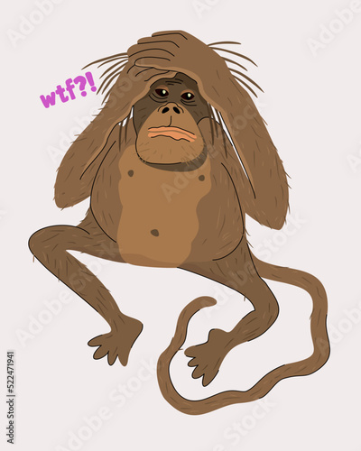Vector isolated illustration of sad monkey. WTF? Monkey pox concept.