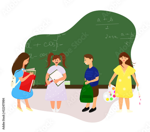 Kids back to school. Cartoon vector illustration of schoolchildren with a backpack and a book on a blackboard background