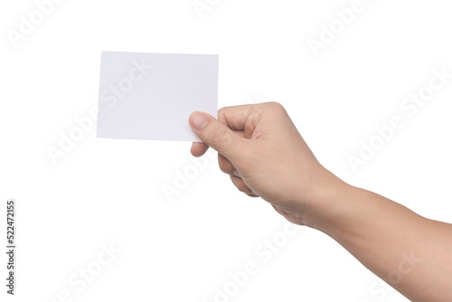 Hand holding white paper isolated on white with clipping path.
