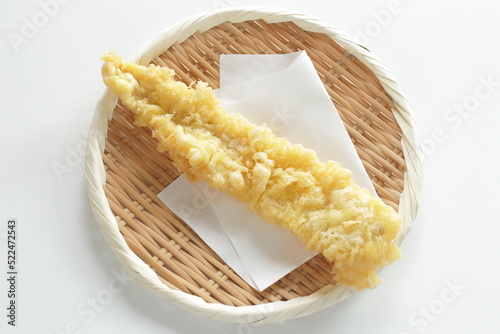 Japanese deep fried food, Eel tempura on bamboo basket with copy space