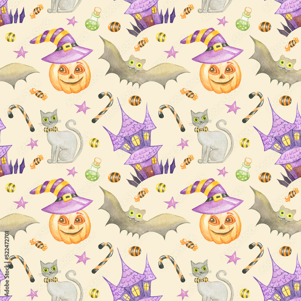 Fototapeta premium Watercolor seamless happy halloween pattern with haunted house,pumpkin,gray cat,bat,candy cane,sweet candy and stars isolated on beige background.For children textile,halloween,wrapping,package.