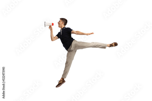 Fashionable man, young male office worker in action isolated over white background. Contemp, aspiration, business, job concept.