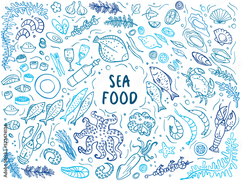 Set of doodle seafood on white background. Vector illustration. Perfect for dessert menu or food package design.