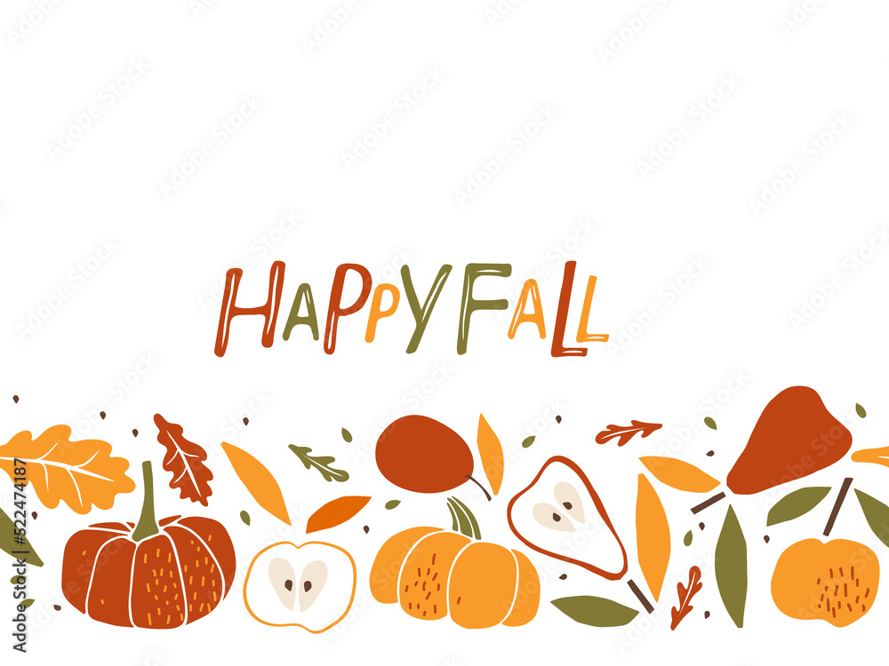 Happy Fall Seamless border. Fruits, vegetables with leaf hand drawn sketch isolated. Whole fruit, cut half. Autumn vector illustration for wallpaper. Harvest template for menu, cover, nursery design