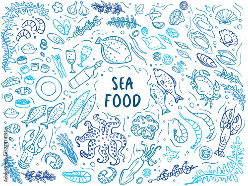 Set of doodle seafood on white background. Vector illustration. Perfect for dessert menu or food package design.