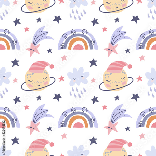 Seamless childish pattern with funny rainbow, planets, cloud and stars. Perfect for decorating prints for fabric, wrapping paper, textiles, wallpaper, clothes. Vector graphics on a white background.